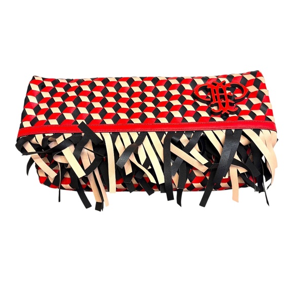 Emilio Pucci RARE fringes woven leather red/black/cream large clutch bag - Picture 1 of 13